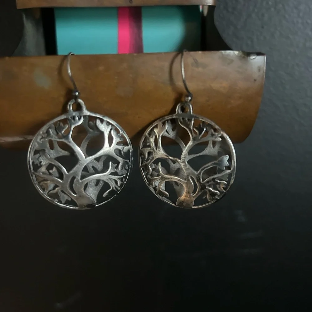 Sterling Silver Round Tree Earrings